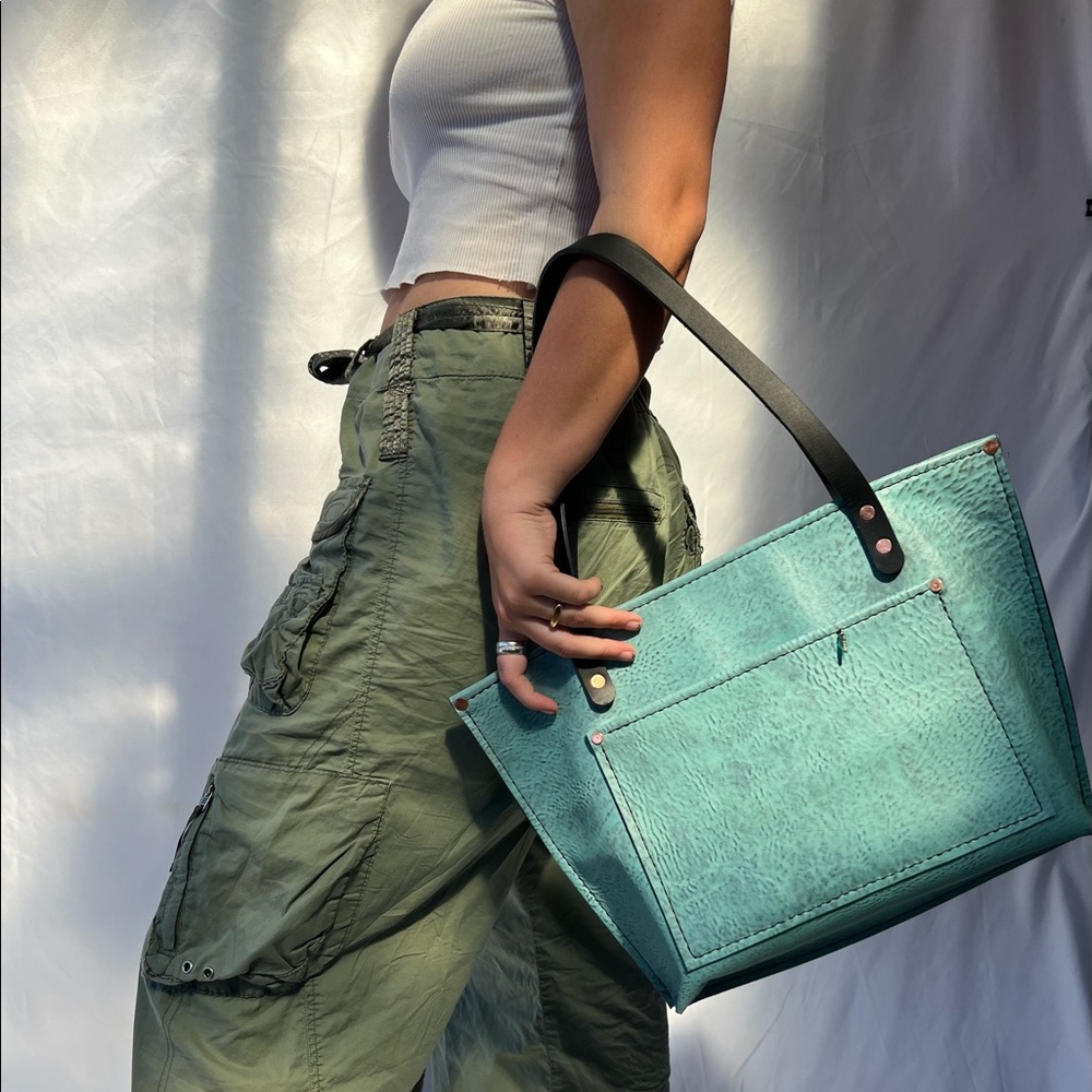 Handmade Turquoise Lether Tote Bag - Picture 4 of 11